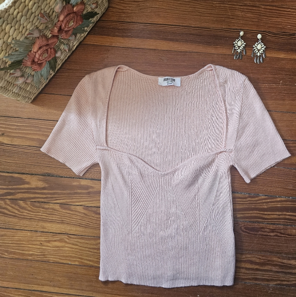 Pink Ribbed Knit Top Corset Style Bodice
